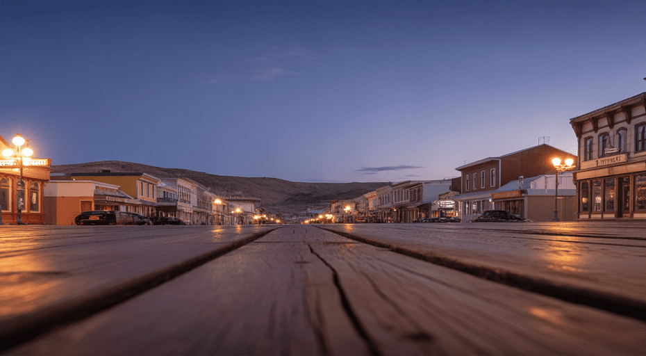 Virginia City's C Street at dusk with glowing lights.