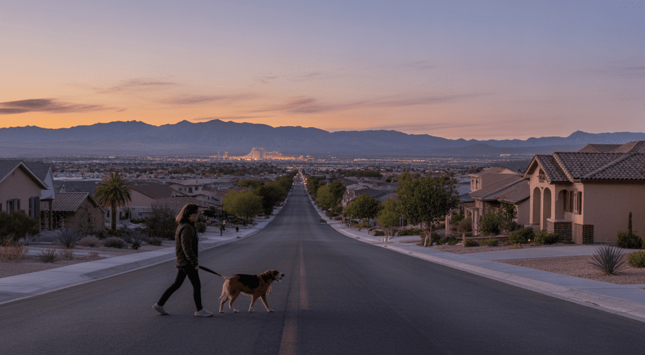 Quiet suburban street in Spring Valley at dusk.