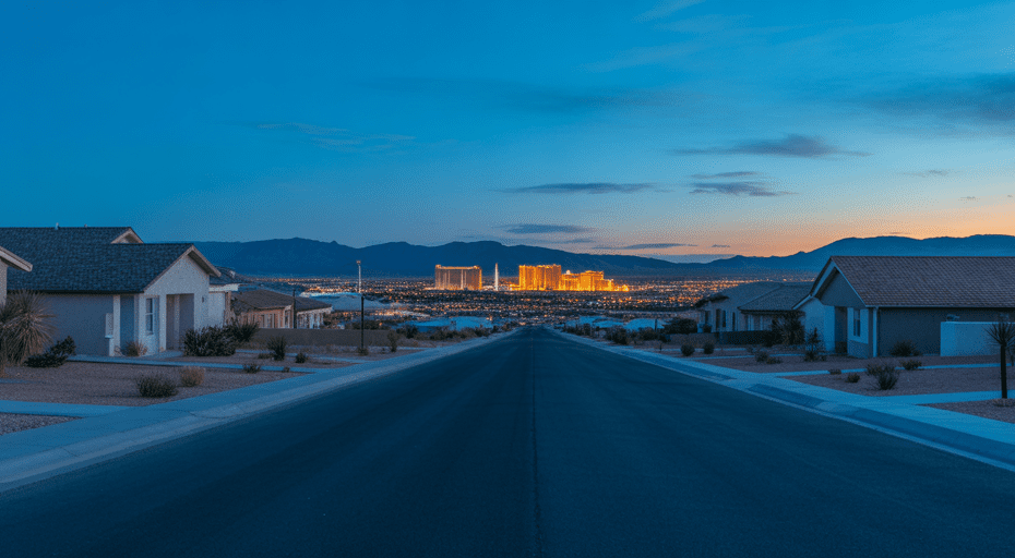 Quiet Enterprise Nevada street with Vegas skyline.