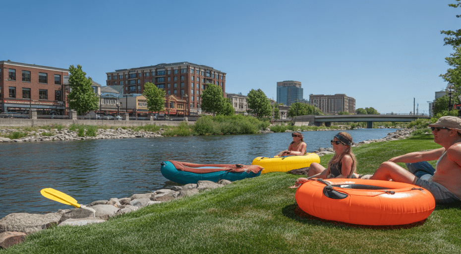 Locals relaxing by the Truckee River in Reno.