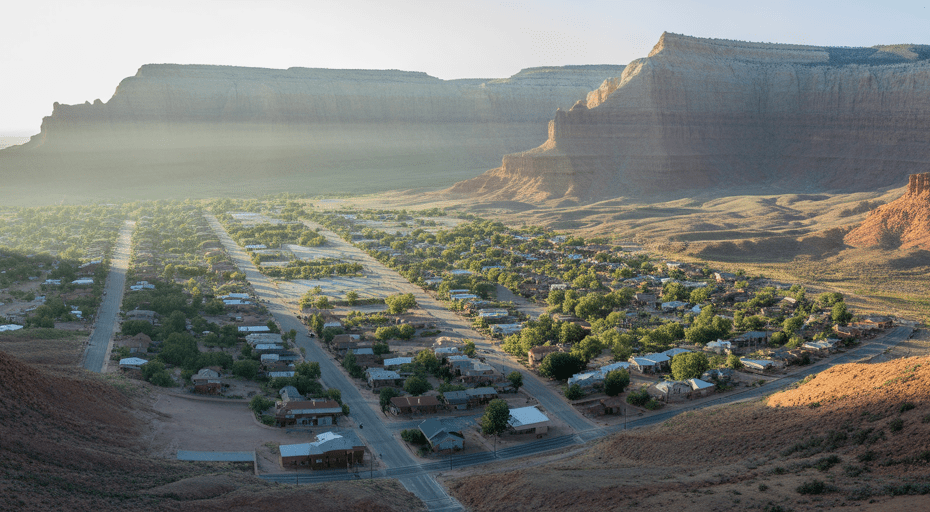 Aerial view of Kanab Utah at sunrise