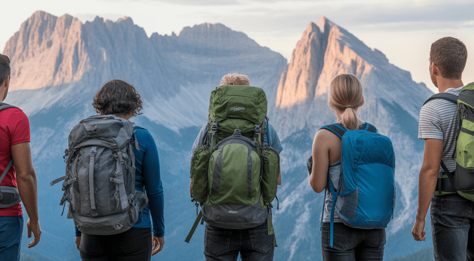 Group of friends with backpacks at sunrise.