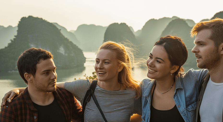 Group of friends enjoying a view on vacation.