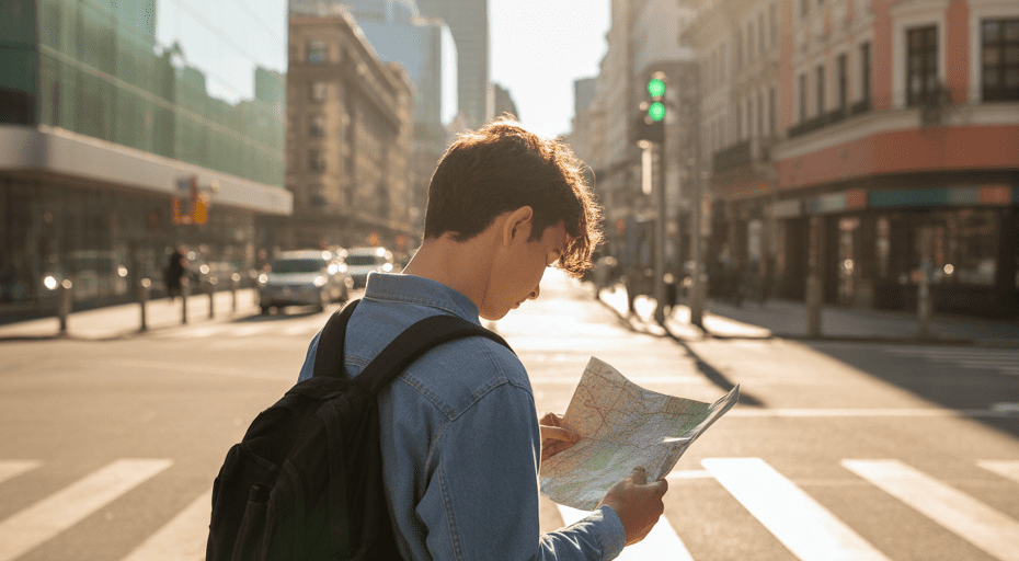 Young traveler choosing a path in a city.