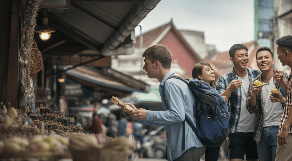 Young traveler in a market with friends nearby.