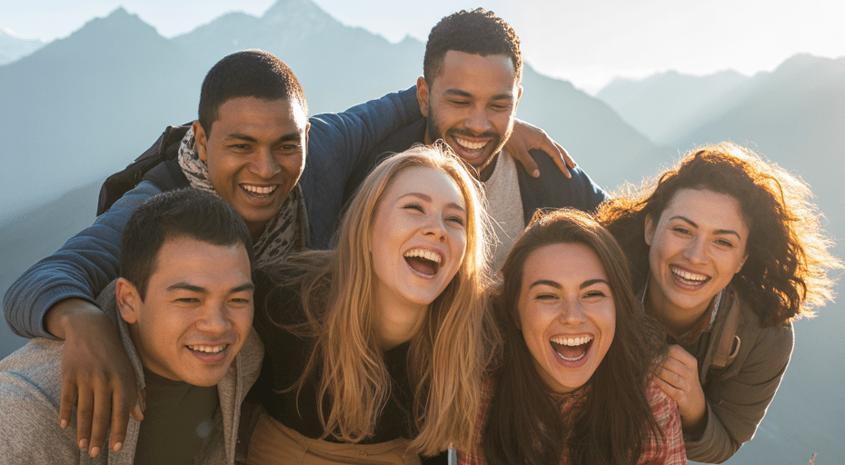 Group of friends enjoying a mountain sunrise.