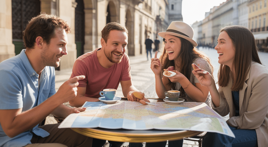 Friends planning a trip with a map.