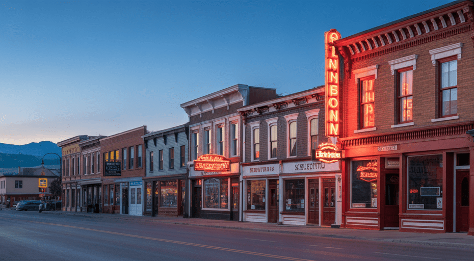 Historic downtown Livingston Montana at dusk.