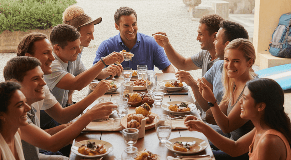 Friends enjoying a meal on vacation.