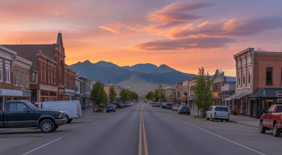 Belgrade Montana main street at dusk with mountains.