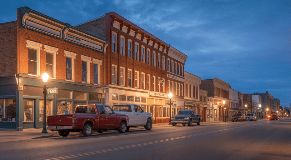 Quiet main street in Havre Montana at twilight.
