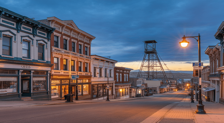 Historic street in Uptown Butte Montana at dusk