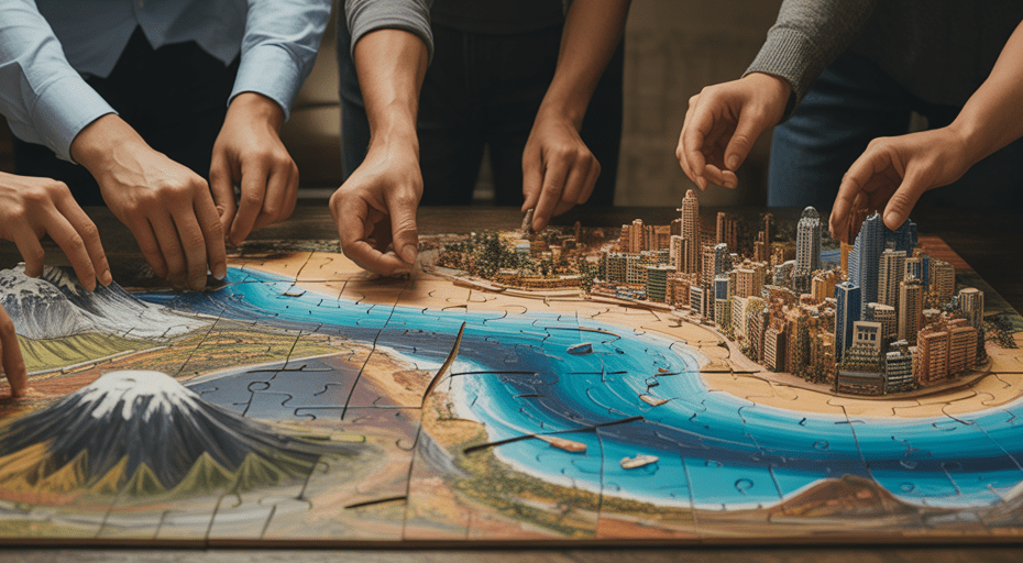 Hands assembling a 3D landscape puzzle together.