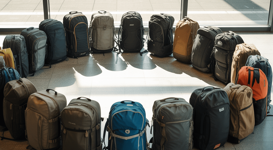 Diverse travel backpacks in a circle.