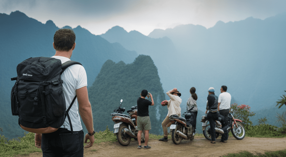 Solo traveler enjoying mountain view with group nearby.