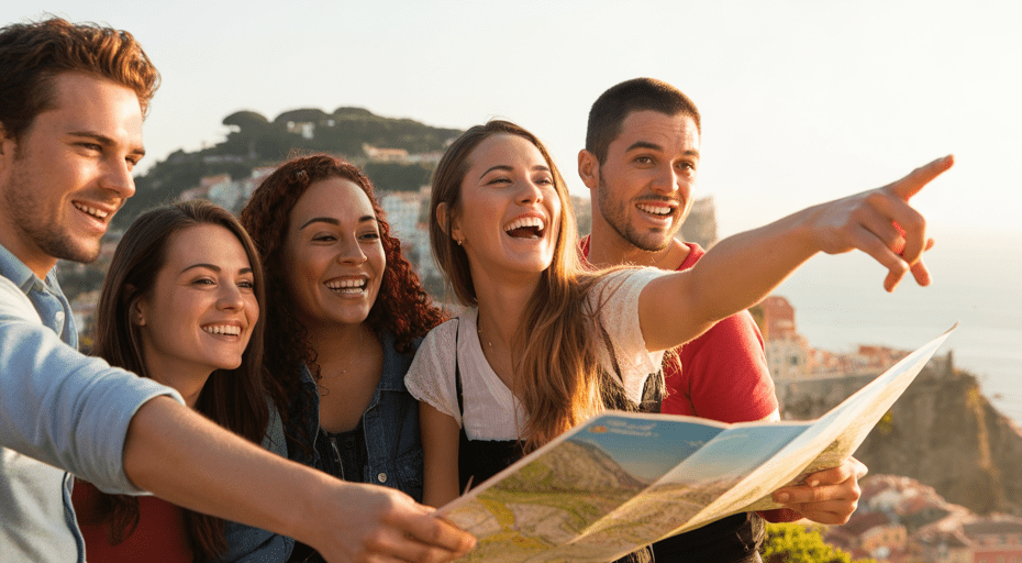 Friends enjoying a scenic city viewpoint.