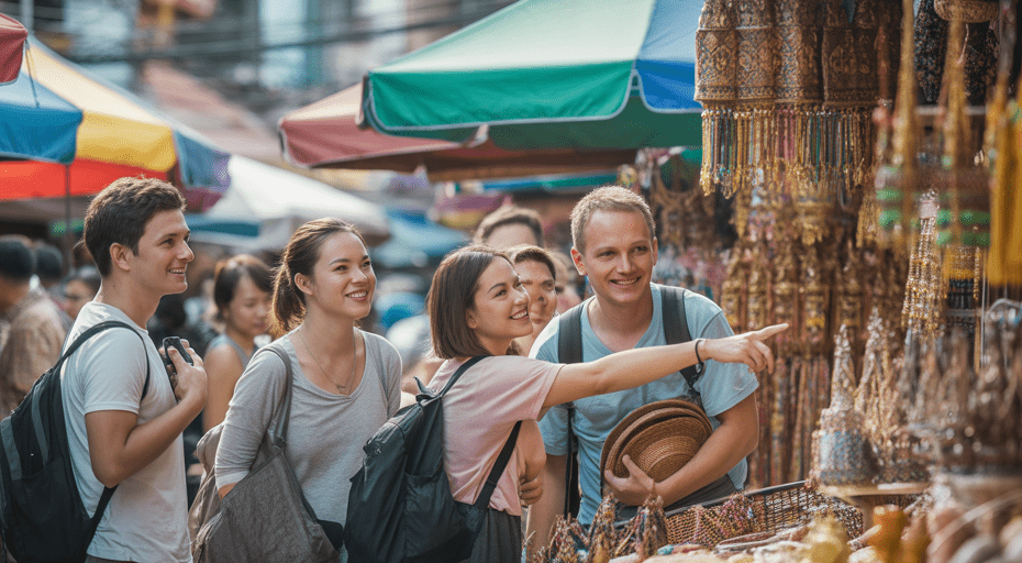Travelers interacting with vendor at local market.
