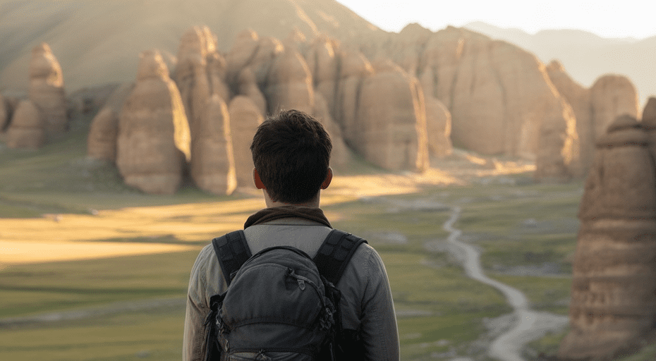 Young explorer overlooking vast mountain landscape.