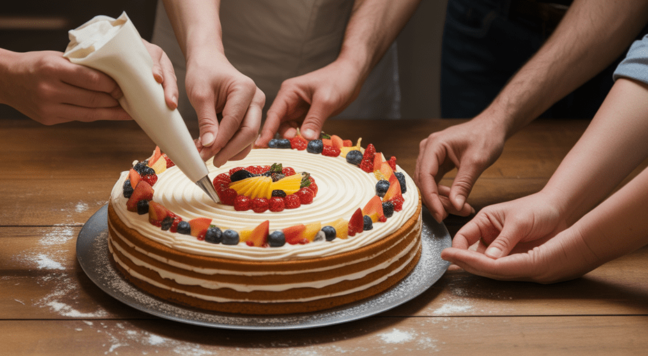 Diverse hands decorating a cake together.