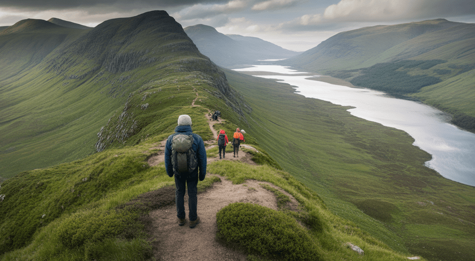 Hiker overlooking Scottish Highlands landscape.