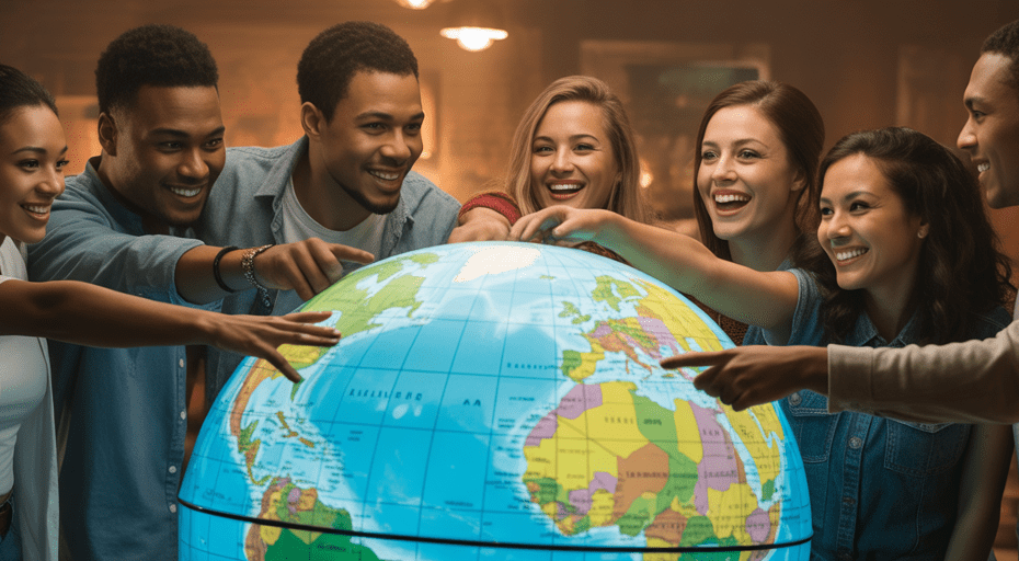Friends planning adventures around a glowing globe.