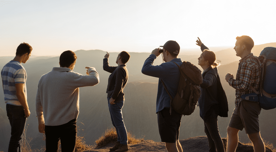 Group of friends at a scenic viewpoint sunrise.