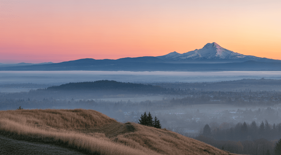 Sunrise view of Gresham and Mount Hood.
