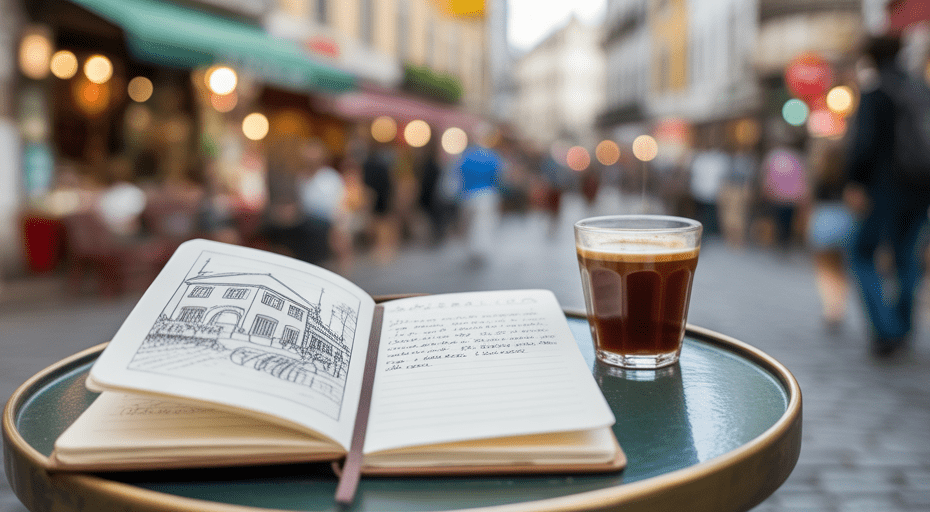 Traveler's journal open on a cafe table.