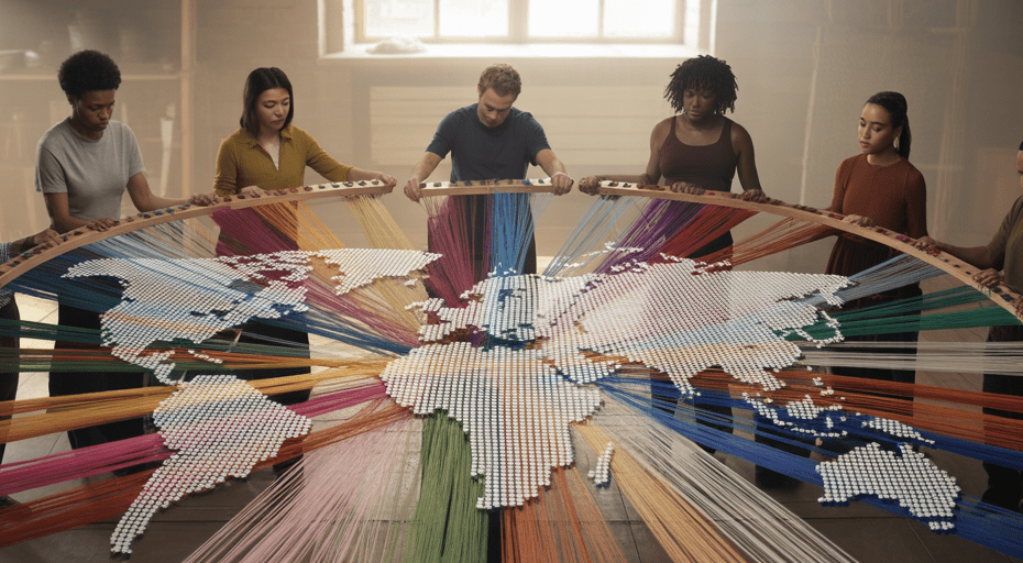 Group of people weaving a tapestry.