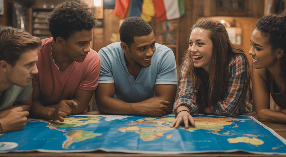 Young travelers planning trips on a map
