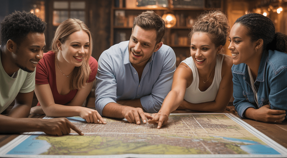 Group of travelers planning with a map.