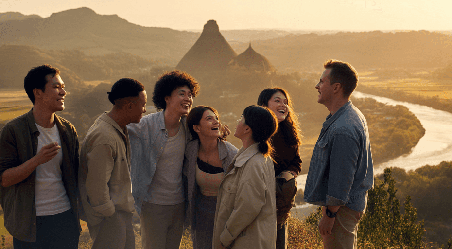 Group of travelers enjoying a scenic viewpoint.