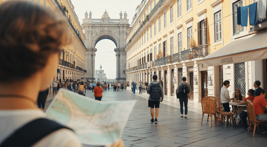 Young traveler exploring an authentic city street.
