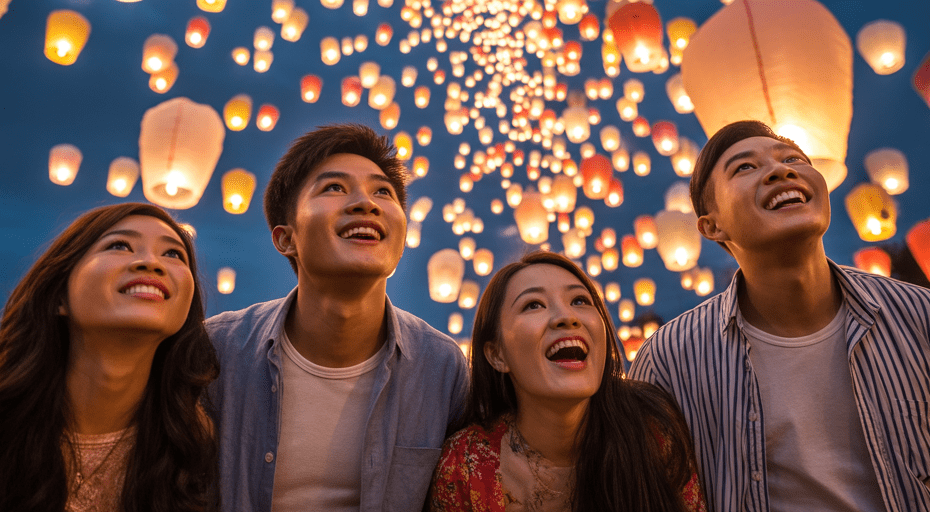 Group of friends watching lanterns at a festival.