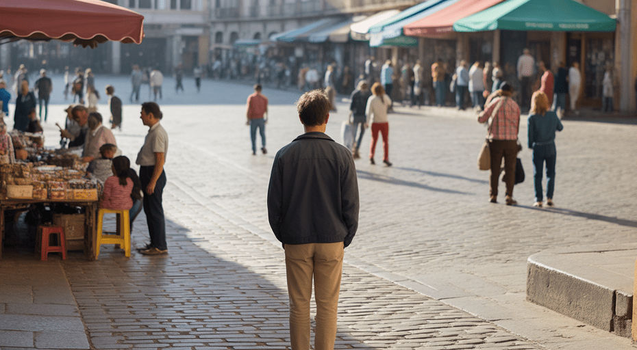 Traveler observing a lively city square.