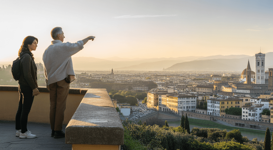 Traveler and guide overlooking a historic city at sunrise.