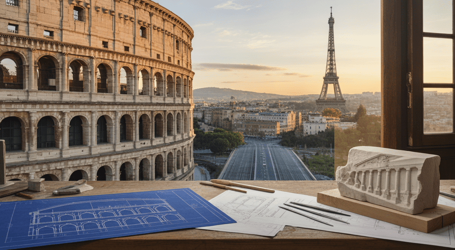 Artisan's workshop with blueprints of European landmarks.