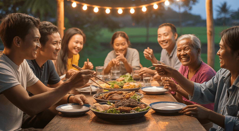 Young adults sharing meal with local family.