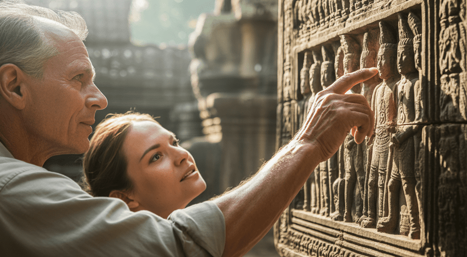 Guide showing traveler ancient temple details.