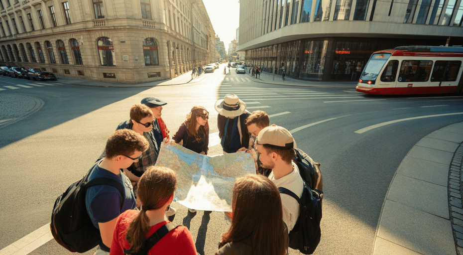 Young travelers choosing a path in Europe.