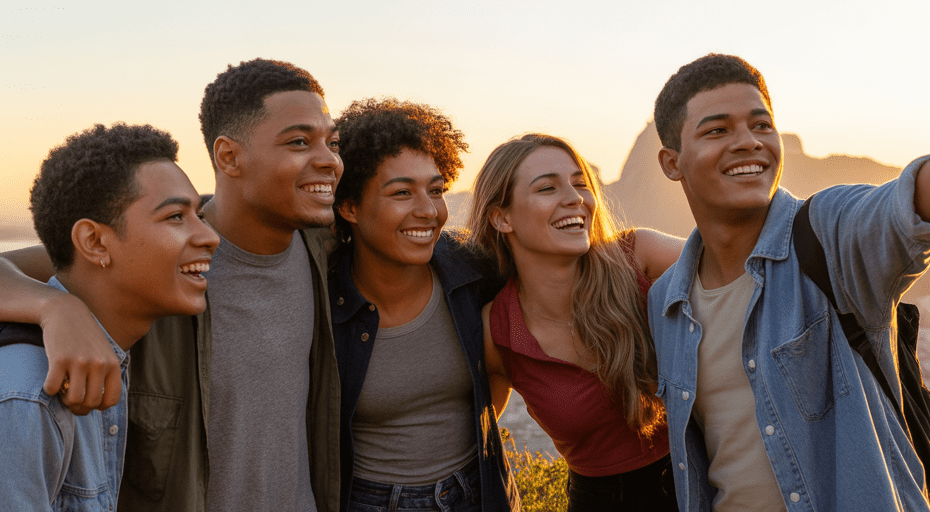 Young adult friends enjoying a city sunset.
