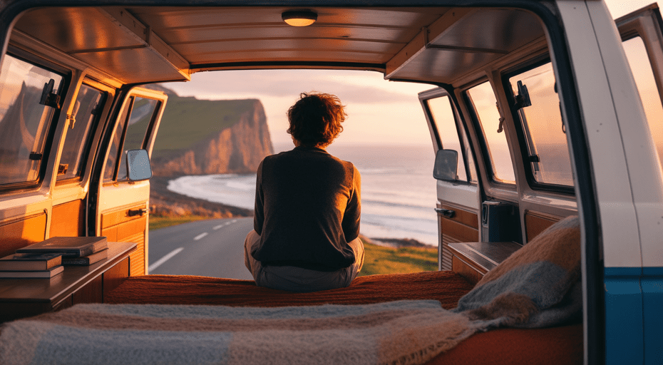 Person in camper van watching coastal sunrise.