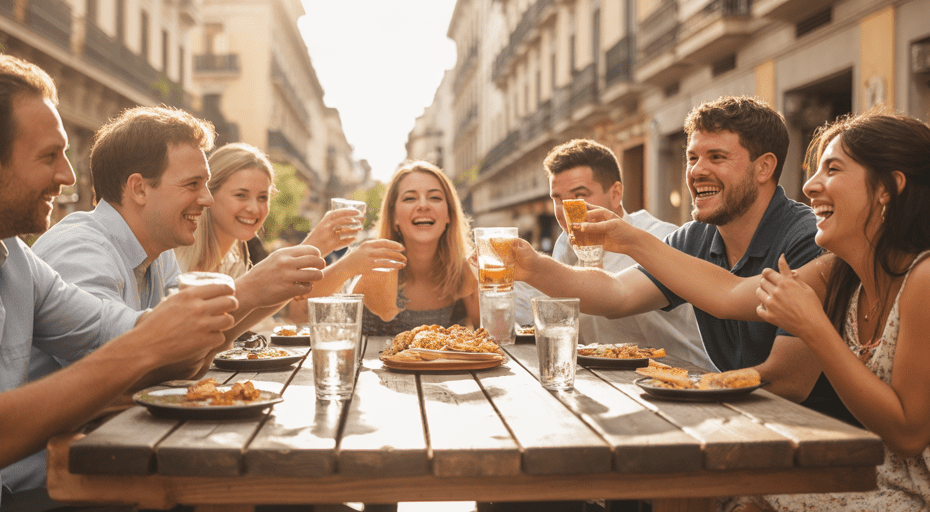 Friends enjoying a meal on a patio.