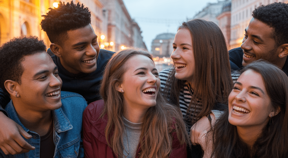 Young travelers laughing together on city steps.
