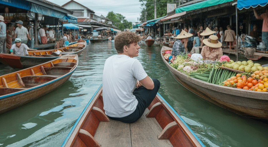 Young traveler exploring a floating market in Southeast Asia.