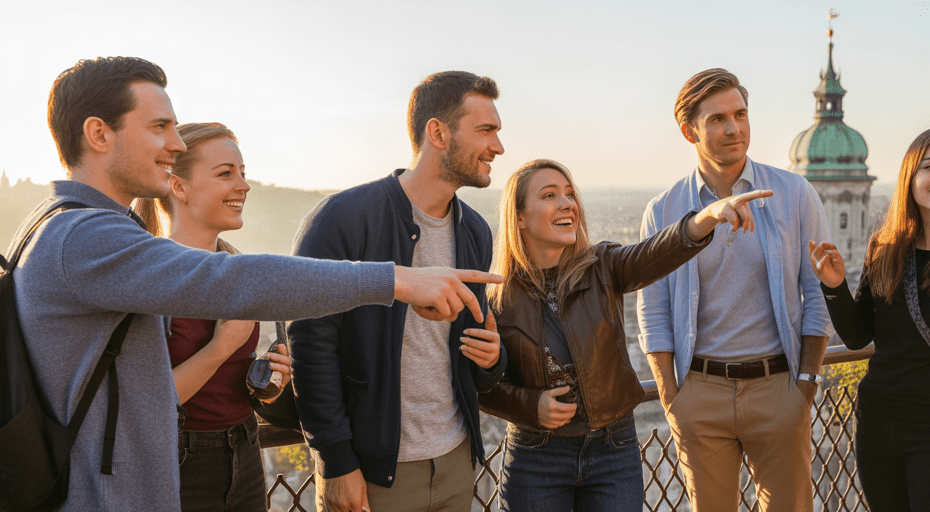 Group of travelers watching sunrise over a city.