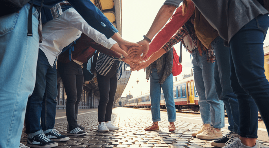 Group of travelers uniting at a train station.