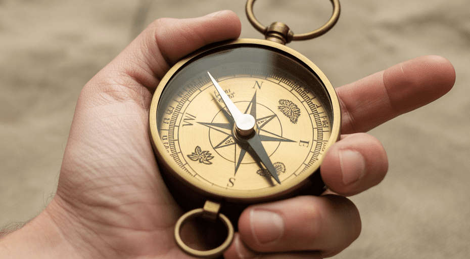 Hand holding a metaphorical travel compass.