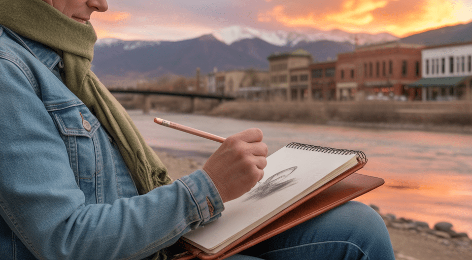 Person sketching Salida's downtown by river.