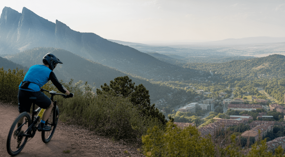 Mountain biker overlooking Boulder Colorado valley.